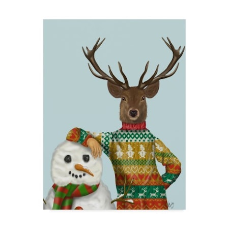 Fab Funky 'Deer In Christmas Sweater With Snowman' Canvas Art,24x32